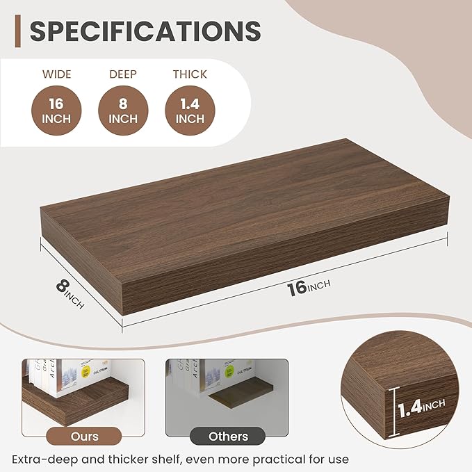 16 Inch Floating Shelves, 8 Inch Deep Floating Shelves for Wall, Hanging Shelf with Invisible Brackets, Deep Shelves for Bathroom, Bedroom, Living Room, Walnut, Set of 2