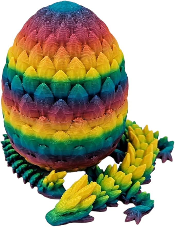 3D Printed Dragon Egg Articulating Gemstone Dragon Fidget Figurine - Vibrant Color Dragons Flexible ADHD, Autism and Anxiety Relief - Articulated Joints (Rainbow)