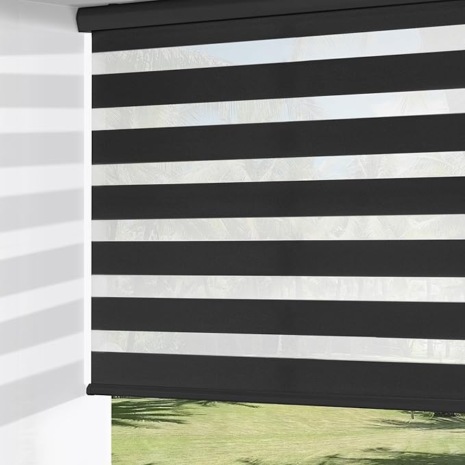ChrisDowa Cordless Zebra Blinds for Windows, Dual Layer Free-Stop Light Filtering Window Roller Shades, Pull Down Privacy Zebra Shades for Home, Office, Bedroom, Door (64" W x 72" H, Black)