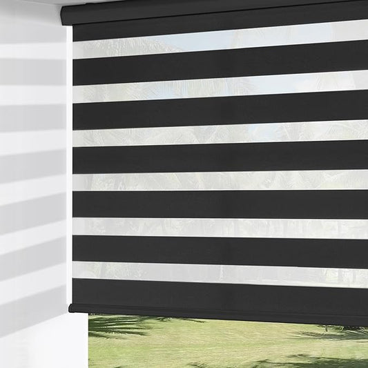 ChrisDowa Cordless Zebra Blinds for Windows, Dual Layer Free-Stop Light Filtering Window Roller Shades, Pull Down Privacy Zebra Shades for Home, Office, Bedroom, Door (41" W x 72" H, Black)