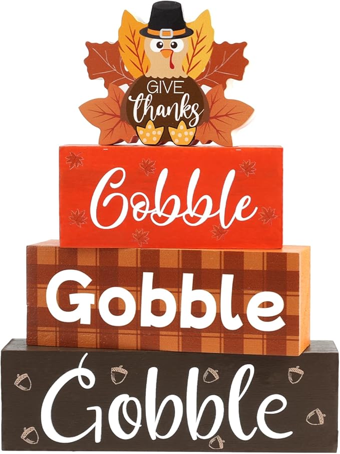 4 Pcs Thanksgiving Fall Tiered Tray Decor Fall Tabletop Decor Turkey Wooden Signs Thanksgiving Centerpiece Rustic Wood Turkey Block Sign Wood Farmhouse Vintage Ornaments for Home Kitchen Mantel