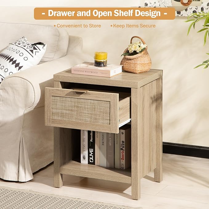 SICOTAS Rattan Night Stands, Farmhouse Nightstand Boho End Side Table Bedside Table with Drawer and Open Shelf for Bedroom, Light Oak