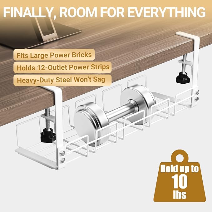 Under Desk Cable Management Tray, 15.7'' Metal Wire Organizer with Clamp, No Drill Desk Cord Rack for Cable Management, Computer Wire Organizer for Office and Home, Sturdy & Scratch-Free