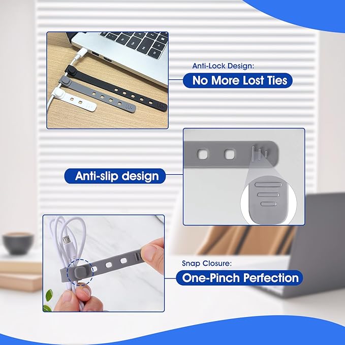 AROIC 90Pcs Silicone Cable Ties with 3 Sizes,Reusable and Washable with Adjustable Locking Buckle Design, Cord Organizer for Home, Office, Travel Essential, School (3 Colors)