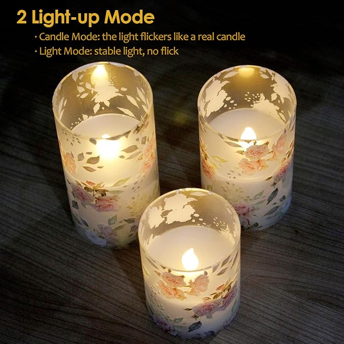 Rose Flameless Candles Love Theme Battery Operated Glass Flickering LED Candle with Remote Pink Flower Decal Realistic Pillar Candles Bedroom Home Decor Table Ornament