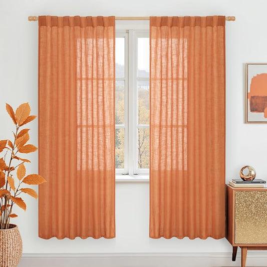 LAMIT Burnt Orange 78 inch Linen Curtains for Living Room 2 Panels, Linen Textured Light Filtering Semi Sheer Back Tab and Rod Pocket Panels for Bedroom/Farmhouse, 52 x 78 Inch