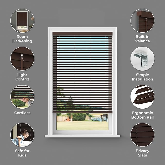 2 Inch Cordless Room Darkening Faux Wood Blind - 53.25" W x 60" L - Walnut, Over 1,000 Custom Sizes Starting at 18.97, Inside or Outside Mount, Venetian Shades for Interior Windows by Lumino