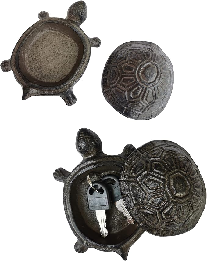 BSTGIFTS Cast Iron Turtle Key Hider - Spare Key Holder - Garden Decoration Turtle, Jewelry Trinkets Box for Key, Ear Studs, Ring, Paper Clip (Antique Brown)…