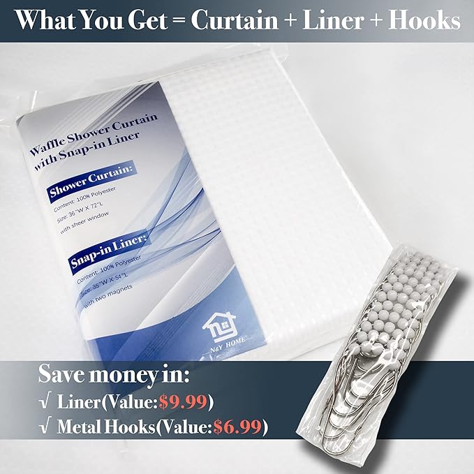 N&Y HOME Stall Waffle Weave Shower Curtain with Snap-in Fabric Liner & Hooks Set - 36" x 72" Small Shower Stall Size, Hotel Style & Mesh Top Window, Machine Washable - 36x72, White