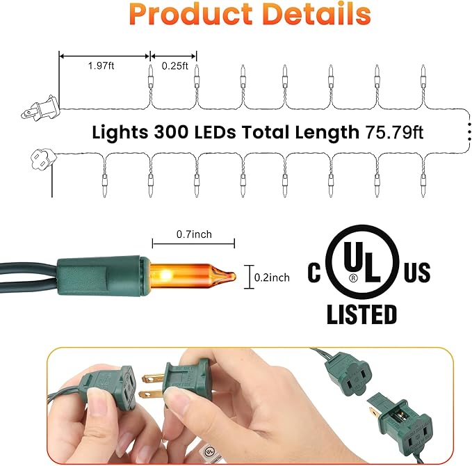 Toodour Multicolor Christmas Lights, 75ft 300 Count Incandescent Christmas String Lights, UL Certified Connectable Green Wire Xmas Lights for Tree, Holiday, Party, New Year, Indoor Xmas Decorations