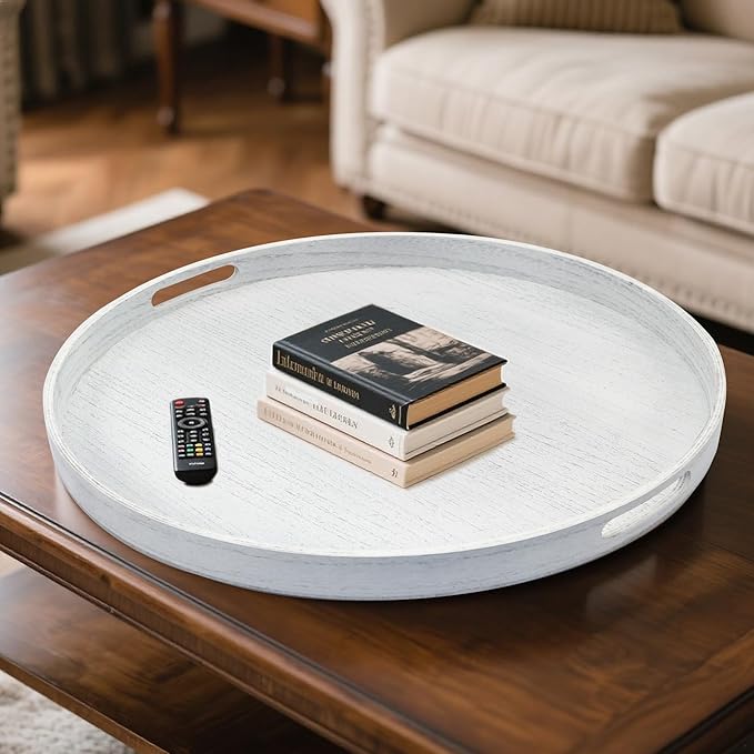 Round Decorative Tray, Extra Large Wooden Serving Tray with Handles, 11.8in White Decorative Trays for Coffee Table,Kitchen Counter,bandejas decorativas