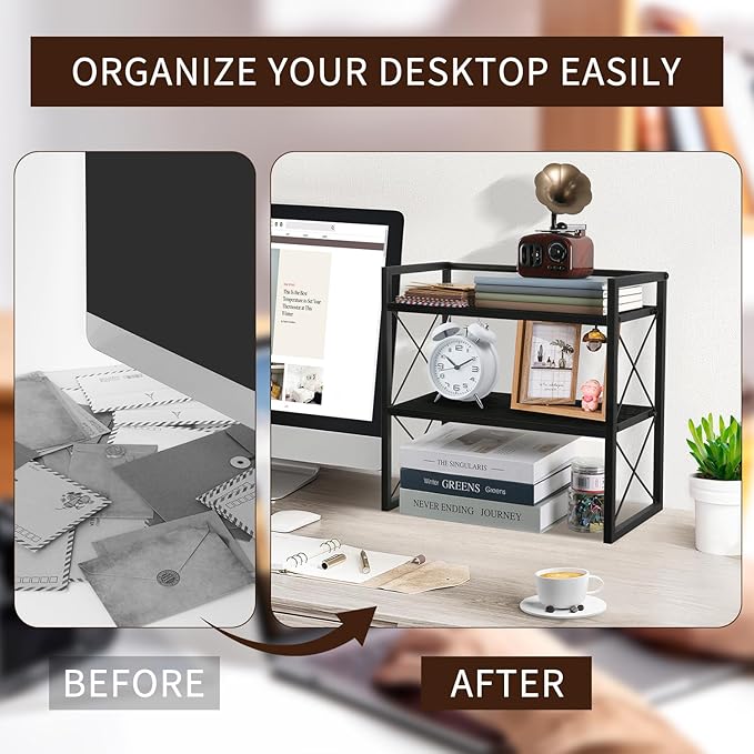 YINMIT Desktop Shelf Organizer, 2 Tier Office Shelves, Wood Desk Organizer Storage Rack and Freestanding Display Shelf for Office, Dormitory, Home(Black)