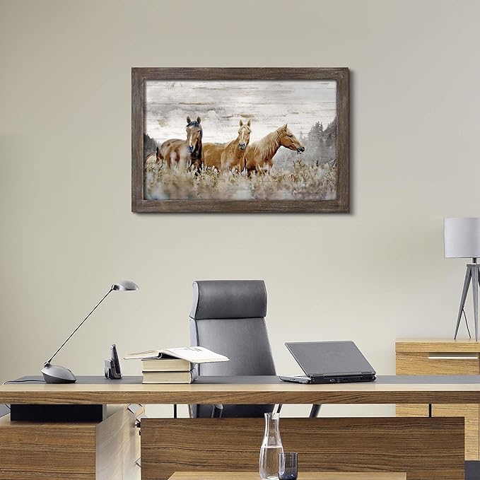 Horse Wall Art Rustic Decor: Framed Wild Animal Wooden Picture Brown Horses Portrait Print Painting Western Wildlife Artwork for Bedroom Home Office 36 x 24 Inches