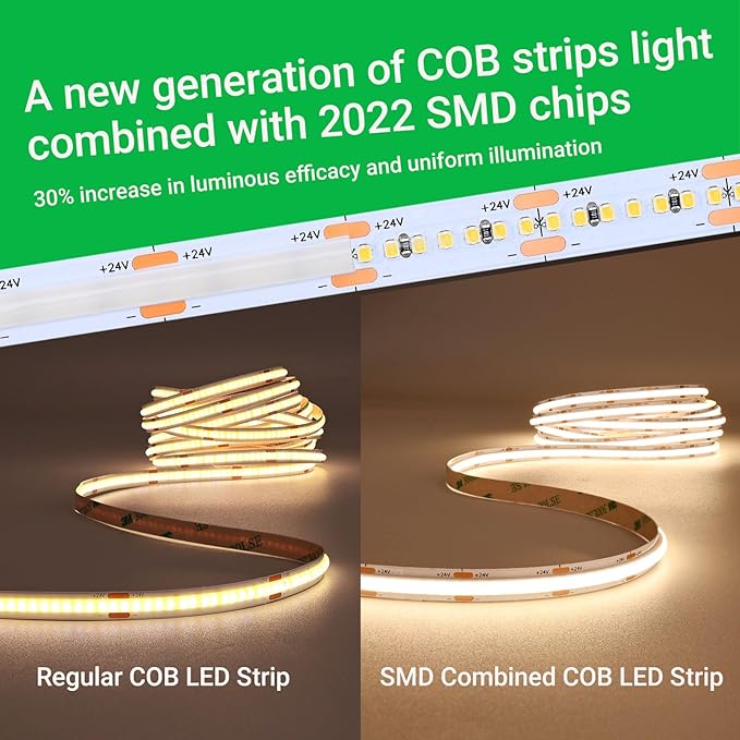 JOYLIT 24V COB LED Strip Lights 16.4FT/5M 288LEDs/M 3000K Warm White, UL Premium 6W/FT 10500LM Super Bright Dimmable LED Tape CRI 92, 120 Degree Beam Angle Light Strip Without Dots (No Power Supply)
