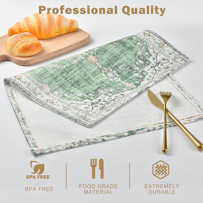 Snycler Table Runner Boho Table Runners Vintage Elegant Farmhouse Table Center Linen Decor for Home Dining Party Entrance (12x18 Inch ,Set of 4) Light Green