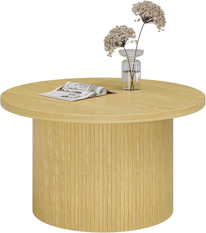 ONBRILL 31.5" Round Coffee Table, Tambour Design Coffee Tables for Living Room, Mid Century Modern Wood Coffee Table, Drum Accent Small Center Table, Oak