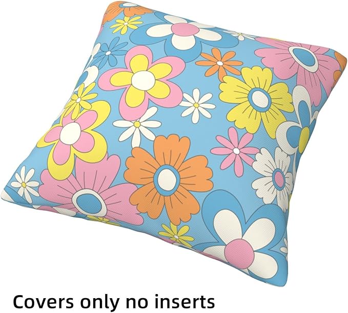 Boho Hippie Floral Pillow Covers 18 x 18 Inch Retro Groovy Throw Pillow Cover Set of 4 Colorful Boho Daisy Flowers Cushion Cover for Holiday Home Couch Sofa Decoration