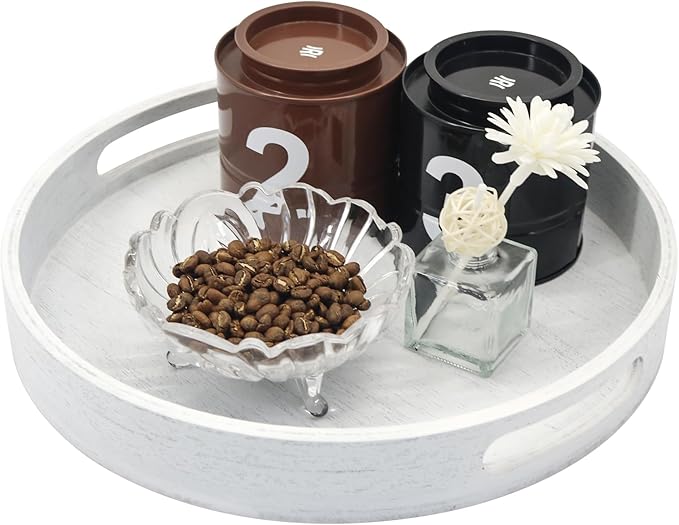 Round Decorative Tray,Wooden Serving Tray with Handles, 11.8in White Decorative Trays for Coffee Table,Kitchen Counter,bandejas decorativas