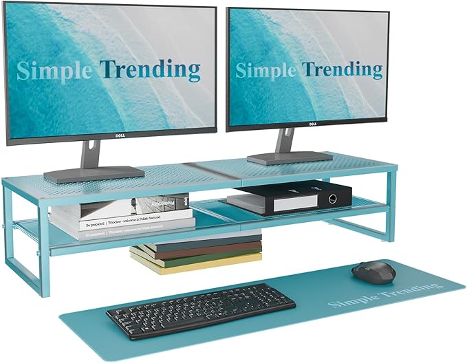 Simple Trending 2 Tier Metal Dual Monitor Stand Riser, Computer Office Desktop Organizer for 2 Monitors with 32"x10" Mouse Pad for Laptop, Printer, TV, Blue