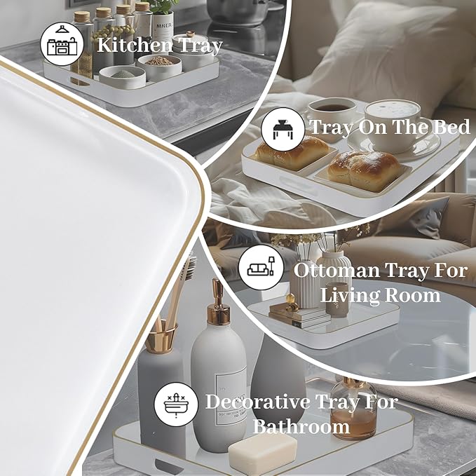 MAONAME 13" White Decorative Tray, Serving Tray with Metal Handles, Square Plastic Trays for Ottoman, Modern Coffee Table Trays for Living Room, Bathroom