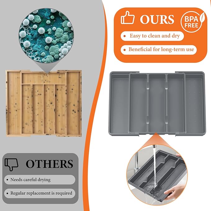 Silverware Organizer, Expandable Utensil Drawer Organizer for Kitchen Drawers, Kitchen Drawer Organizer for Spoons/Forks/Knives, Multipurpose & BPA Free Cutlery Tray, Grey, 1 Pack