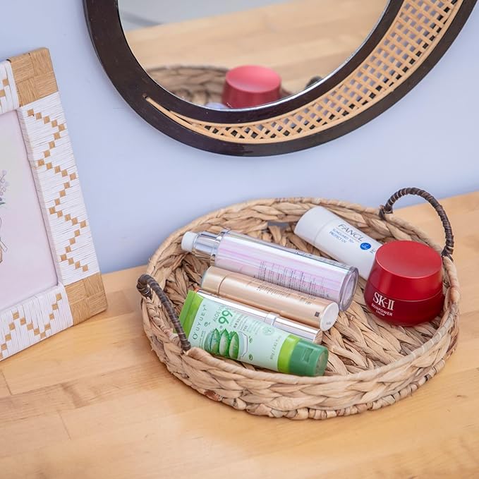 Water Hyacinth Round Tray Natural Coffee Table Tray with Handles Ottoman Table Trays for Coffee, Breakfast and Dinner, 11.8-inch,Decoratve Serving Trays.