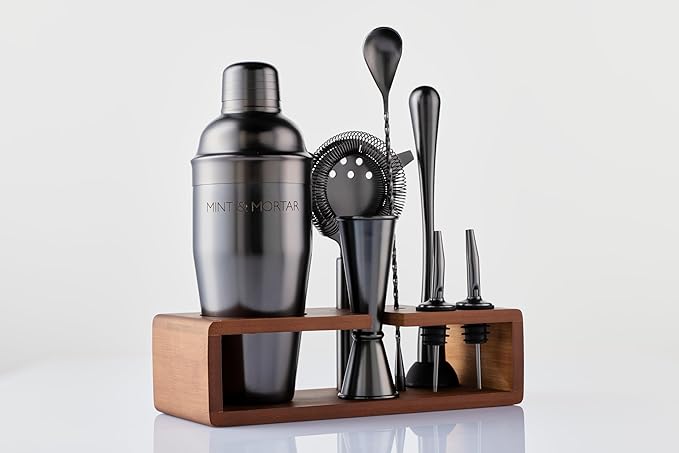 Mint & Mortar Cocktail Shaker Set, 7-Piece Bartender Kit with Stand, 24oz Martini Shaker Bottle Stainless Steel Bar Tools, Home Bar Accessories Drink Mixer, Barware Gift Set - Gunmetal