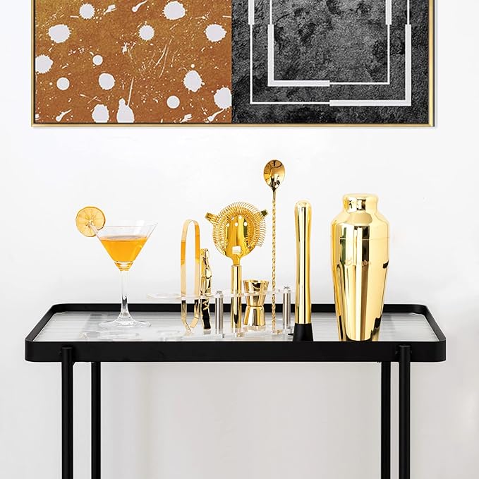 Cocktail Shaker Set with Arcylic Stand, Mixology Bartender Kit for Drink Mixing | Mixology Set with 7 Bar Set Tools Cocktail Kit (Gold)