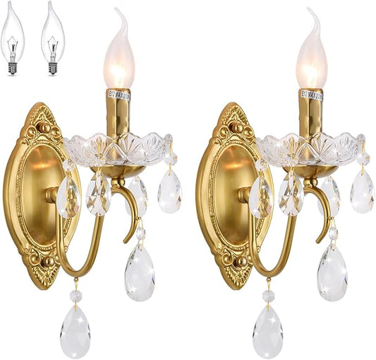Crystal Wall sconces Set of Two, Gold sconces Wall Set of 2, Vintage Crystal Wall Light, Candelabra Wall Sconce Light Fixture, Gold Brass Finish, 1-Light with Glass Drops