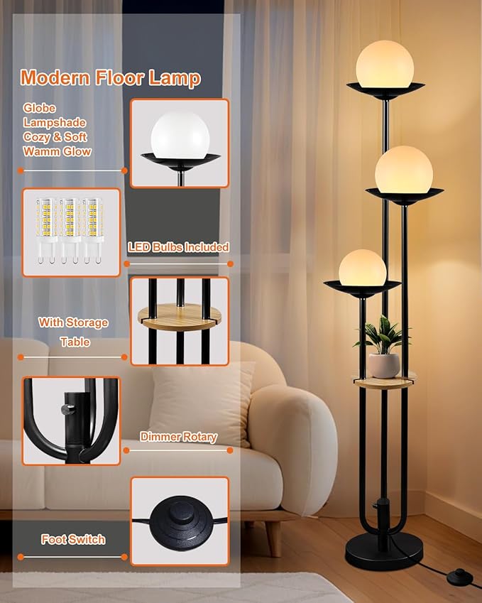 Lightdot 63IN Globe Floor Lamp with Shelf 3-Lights Modern Dimmable Floor Lamps with 3000K Soft Warm White Bulbs for Wedding/Party, Black Tall Standing Lamp for Living Room/Bedroom