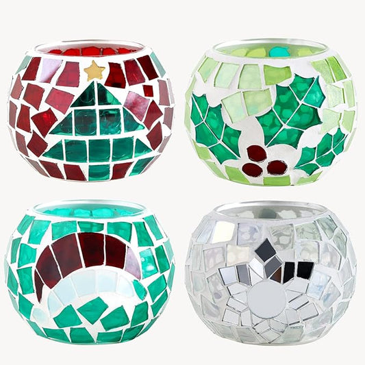 4 PCS Mosaic Glass Tealight Votive Candle Holders - Red & Green Christmas Table Centerpiece Decorations for Indoor/Outdoor Holiday Decor