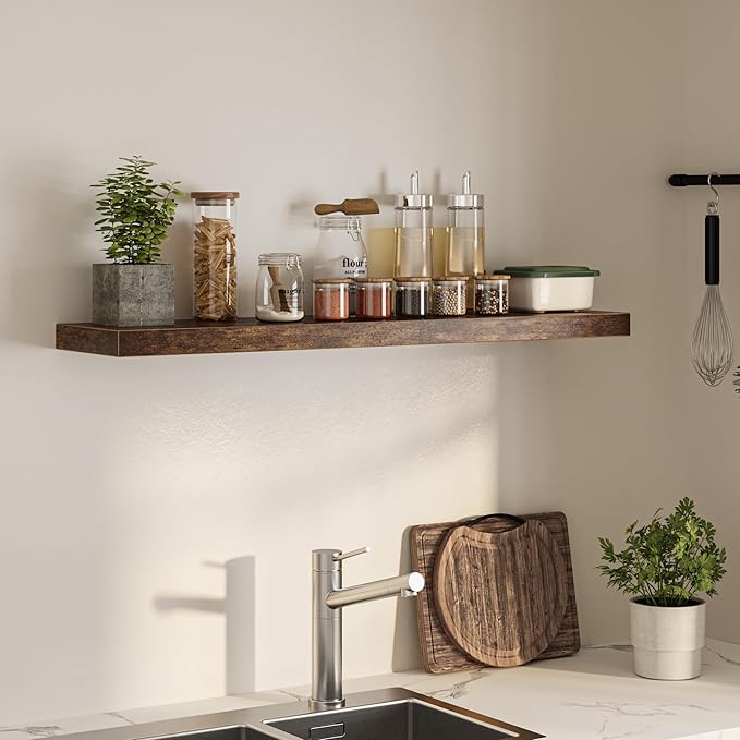 Floating Shelves for Wall, 48"W x 9.3"D x 1.5"H, Wooden Wall Mounted Display Shelf with Invisible Brackets for Living Room, Bedroom, Bathroom, Kitchen Decor and Storage, Set of 1, Rustic Brown