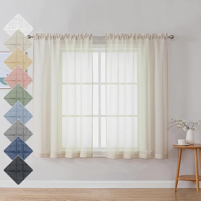 Aiyufeng Faux Linen Sheer Curtains 45 Inch Length 2 Panels, Short Linen Curtains for Kitchen, Small Window Curtains Window Treatment Privacy with Light Filtering for Cafe/Bathroom, Each 30Wx45L Inch