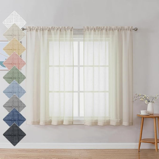 Aiyufeng Faux Linen Sheer Curtains 45 Inch Length 2 Panels, Short Linen Curtains for Kitchen, Small Window Curtains Window Treatment Privacy with Light Filtering for Cafe/Bathroom, Each 30Wx45L Inch