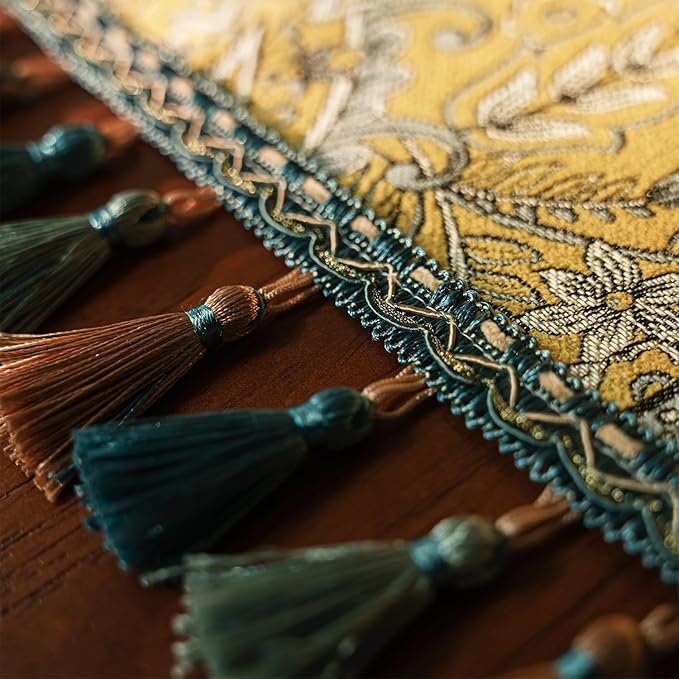 13×72 Inch Table Runner, Retro-Luxury Tassels Series for Kitchen Dining Table Holiday Decoration (Yellow Pheonix)