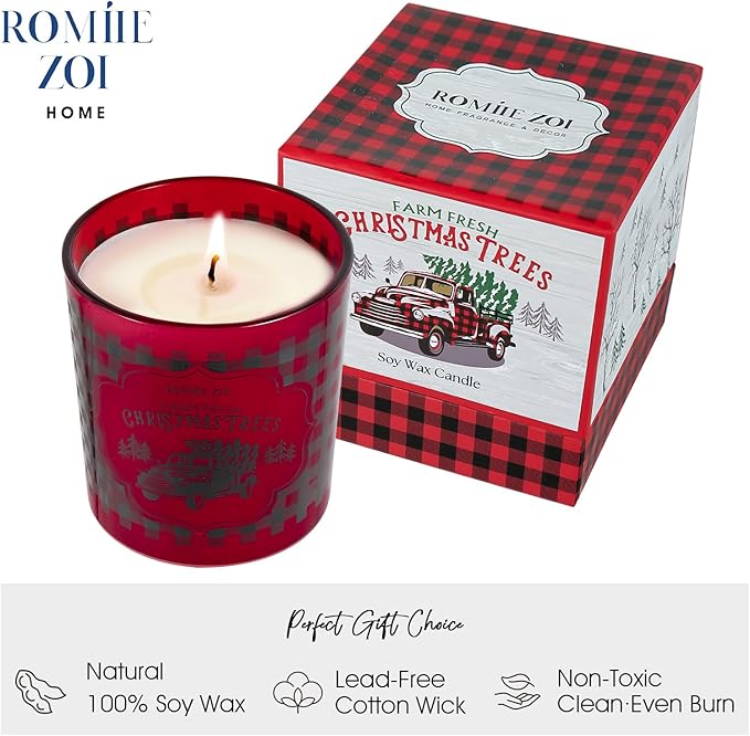 ROMIIE ZOI Christmas Scented Candle - 6oz Soy Wax Candle, Buffalo Plaid, Infused with Festive Holly Aroma - Red & Black Tartan Gift Box Packaged for Christmas Holiday Season Gift