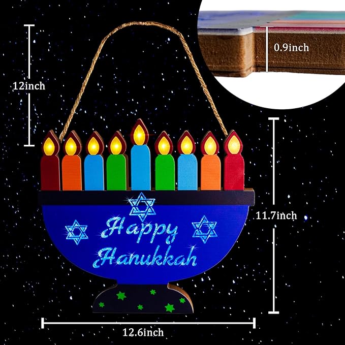 [ Lighted ] Hanukkah Lights Menorah Battery Operated Wooden Happy Hanukkah Door Sign Wreath Blue Lights Star of David for Chanukah Front Door Wall Windows Hanukkah Decorations Jewish Holiday Gifts