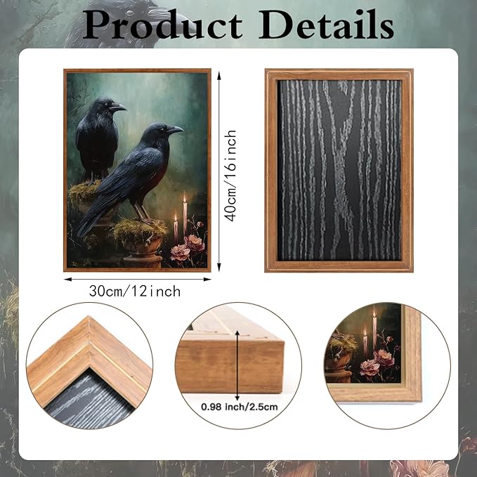 LHIUEM 12”X16”Black Crows Halloween Framed Decor Gothic Crows Canvas Wall Art Dark Academia Crow Decor Twilight Party Decorations Vintage Halloween Raven Wall Art Victorian Goth Pictures for Home