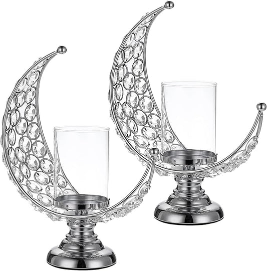 OwnMy Set of 2 Silver Moon Shaped Crystal Pillar Candle Holders Tealight Holders with Glass Covers, Metal Crystal Moon Pillar Candle Stands Votive Candlesticks Candle Lamps for Table Centerpieces