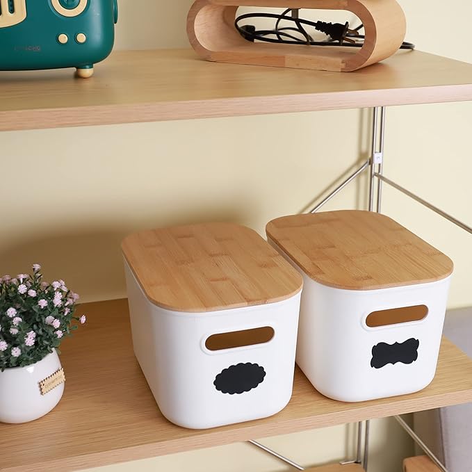 Citylife 2 PCS Storage Bins with Bamboo Lids Plastic Storage Containers for Organizing Stackable Storage Box with Handle, 10.23 x 7.08 x 6.3 inch