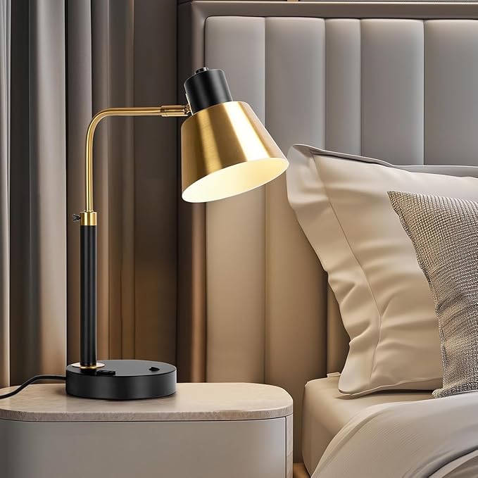 Desk Lamp with Dual USB Charging Port, Heavy Duty Metal Task Light, 340 Degree Swivel Arms, Easy Assembly with Cord Guide, Reading Lamp for Home Office, Black & Gold (Bulb Not Included)