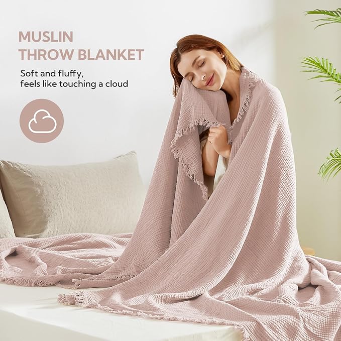 SOULFUL Muslin Throw Blanket with Tassels - Soft Cotton Throw Blanket for Couch or Bed, Lightweight and Breathable Gauze for All Seasons, LightChampagne, 50" x 60"