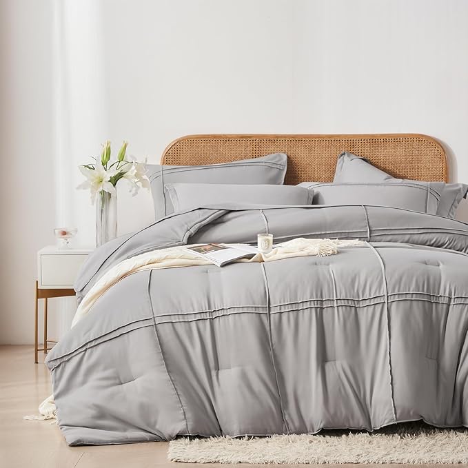 Yogeneg Twin Comforter Set 5 Piece Bed in a Bag,Grid Pinch Pleat Grey Twin Bedding Set,Striped Textured Soft Microfiber Comforter with Sheet Set,All Season Complete Bed Set(Grey,Twin)