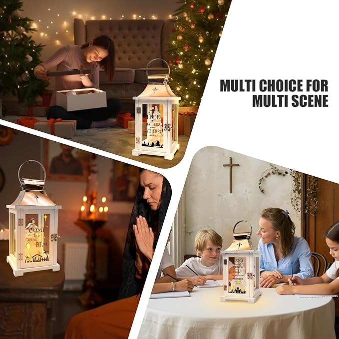 Christmas Nativity Set for Table Centerpieces, Nativity Christmas Lantern for Modern Farmhouse Decor, Hanging Candle Lantern for Xmas Home Decor Indoor, Resin Nativity Figurine