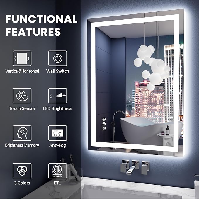 Amorho LED Mirror for Bathroom 28X20 Inch with Backlight and Front Lit, Anti-Fog Mirror for Wall Mounted, Dimmable, 3 Colors, Memory