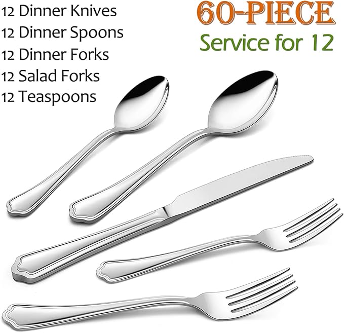 60-Piece Silverware Set, E-far Stainless Steel Flatware Cutlery Set Service for 12, Metal Tableware Eating Utensil Set, Dinner Knives/Forks/Spoons, Scalloped Edge & Mirror Polished - Dishwasher Safe