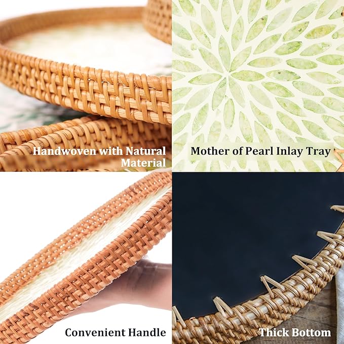 Round Rattan Tray with Mother of Pearl Inlay, Rattan Serving Tray for Coffee, Bread, Fruits, Decorative Wicker Tray for Table Decor, Home Decor, Kitchen Island Decor (Green Leaf, 11.8")
