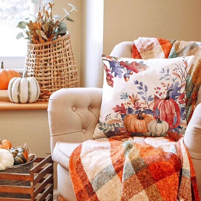 DFXSZ Fall Pillow Covers 18x18 inch Set of 2 Red Orange Pumpkin Fallen Leaves Decorative Outdoor Throw PillowCovers Autumn Thanksgiving Farmhouse Decoration for Home Couch TH27-P18