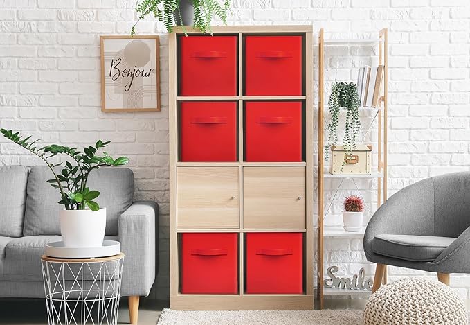 Sorbus Foldable Storage Cubes - 6 Fabric Baskets for Organizing Pantry, Shelf, Toy Box, Cubby, Closet Organizer - 11 Inch Collapsible Closet Organizers and Storage Bins - Red Storage Cubes with Handle