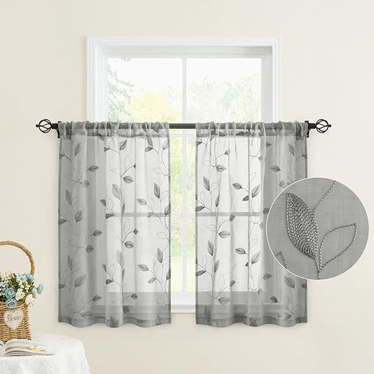 HOMEIDEAS Grey Sheer Kitchen Curtains 30 X 24 Inch Length 2 Panels Embroidered Leaf Pattern Short Curtains for Small Window Valance Tiers